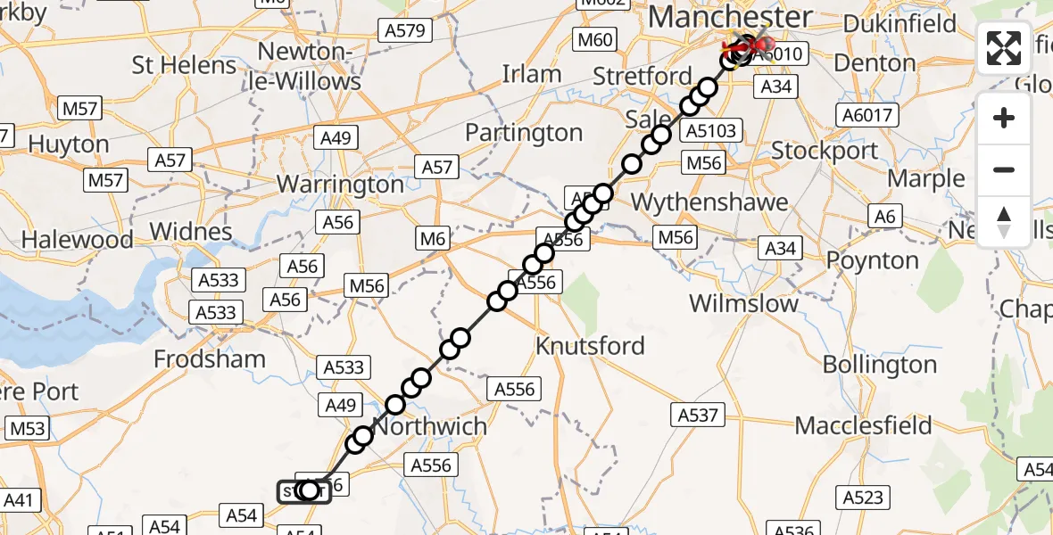 Flight path map showing Air Ambulance Helicopter route from Delamere and Oakmere to Chorlton-on-Medlock