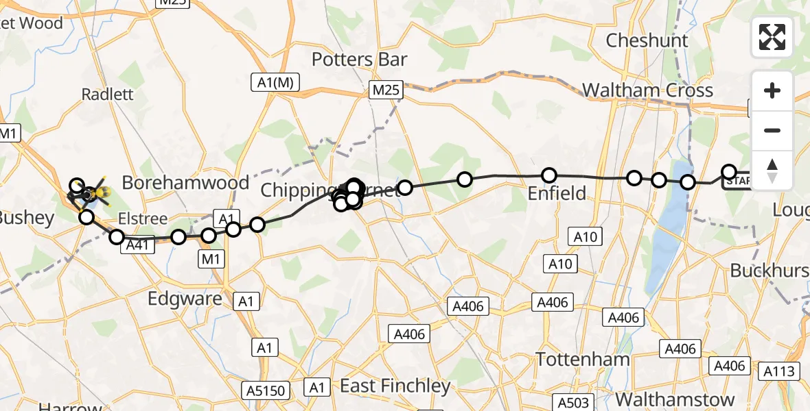 Flight path map showing Police Helicopter route from Metropolitan Police Air Support Unit Lippitts Hill to Aldenham