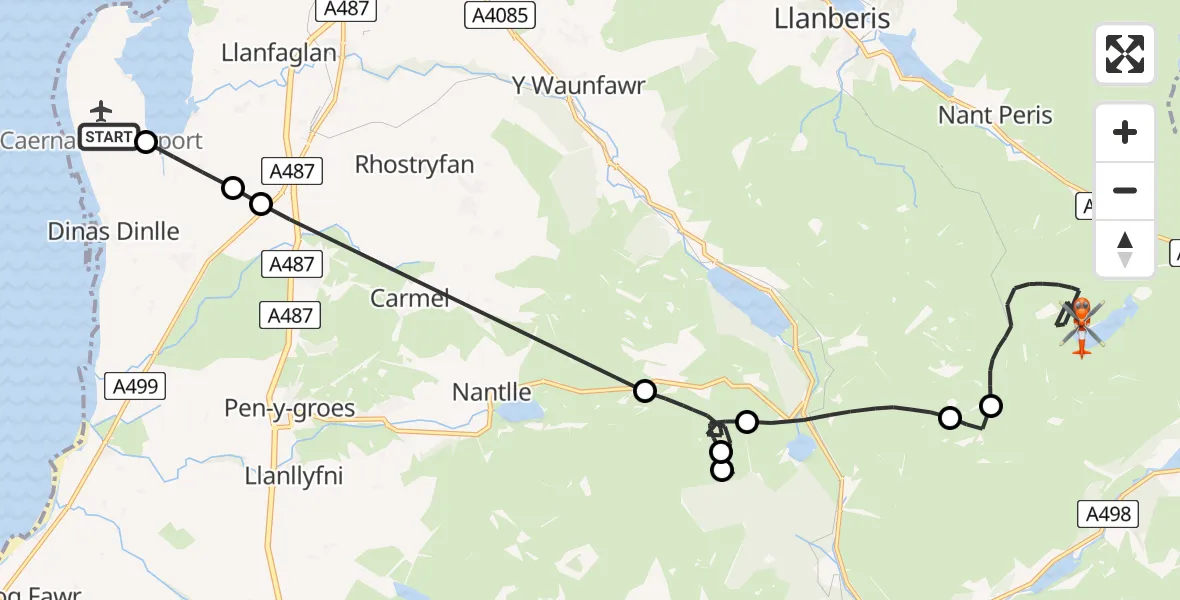 Flight path map showing Coastguard Helicopter route from Caernarfon Airport to Beddgelert