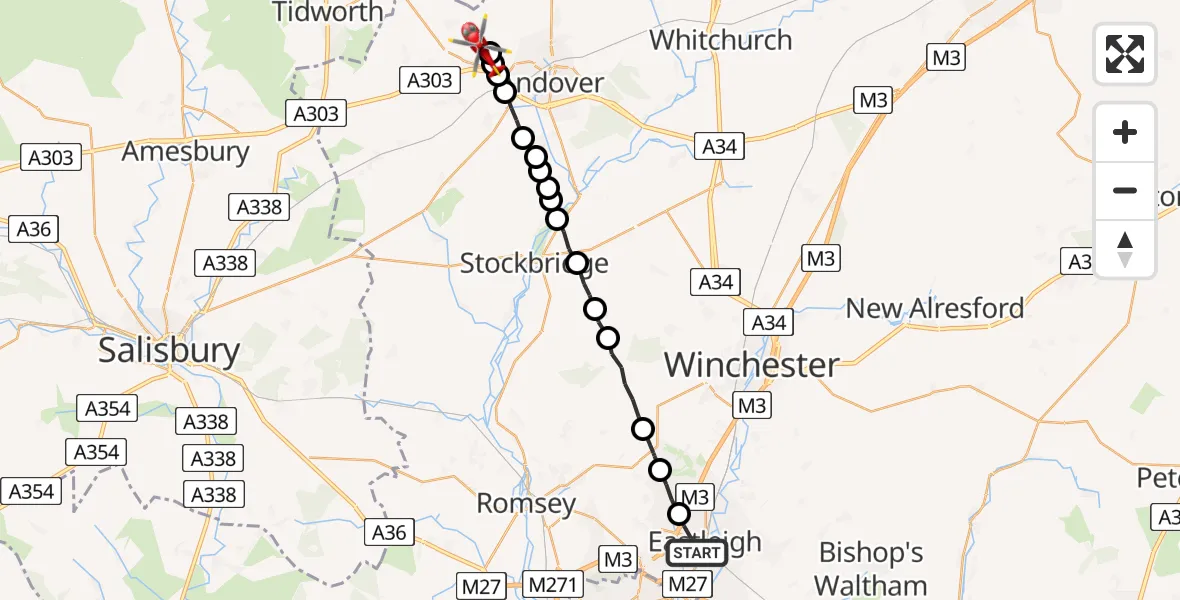 Flight path map showing Air Ambulance Helicopter route from Eastleigh to Penton Grafton