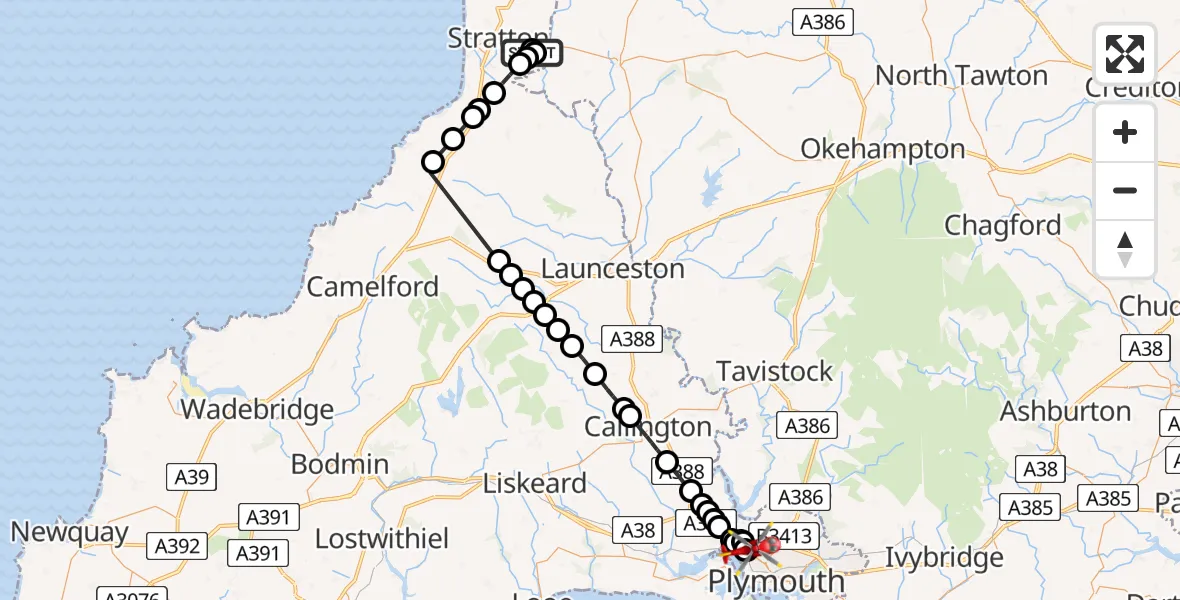 Flight path map showing Air Ambulance Helicopter route from Stratton to Weston Mill