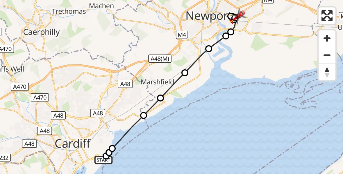 Flight path map showing Air Ambulance Helicopter route from Cardiff Heliport to Somerton