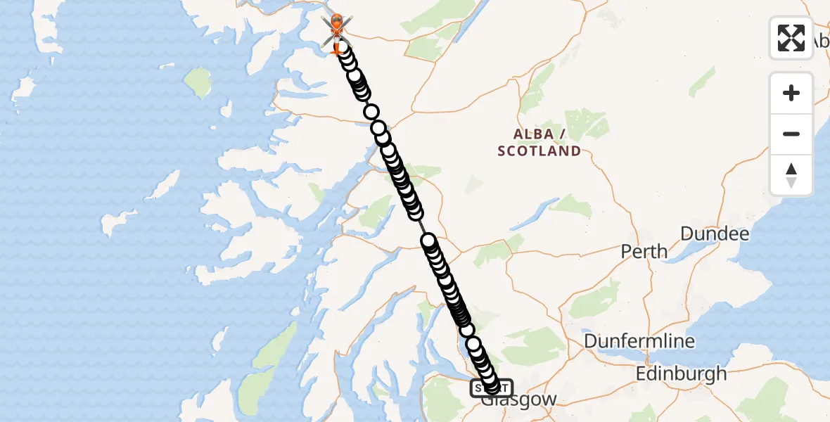 Flight path map showing Coastguard Helicopter route from Golden Jubilee Hospital to Highland