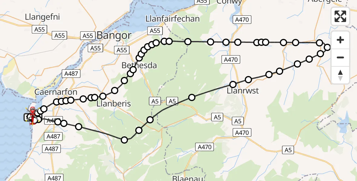 Flight path map showing Air Ambulance Helicopter route from Caernarfon Airport to Caernarfon Airport