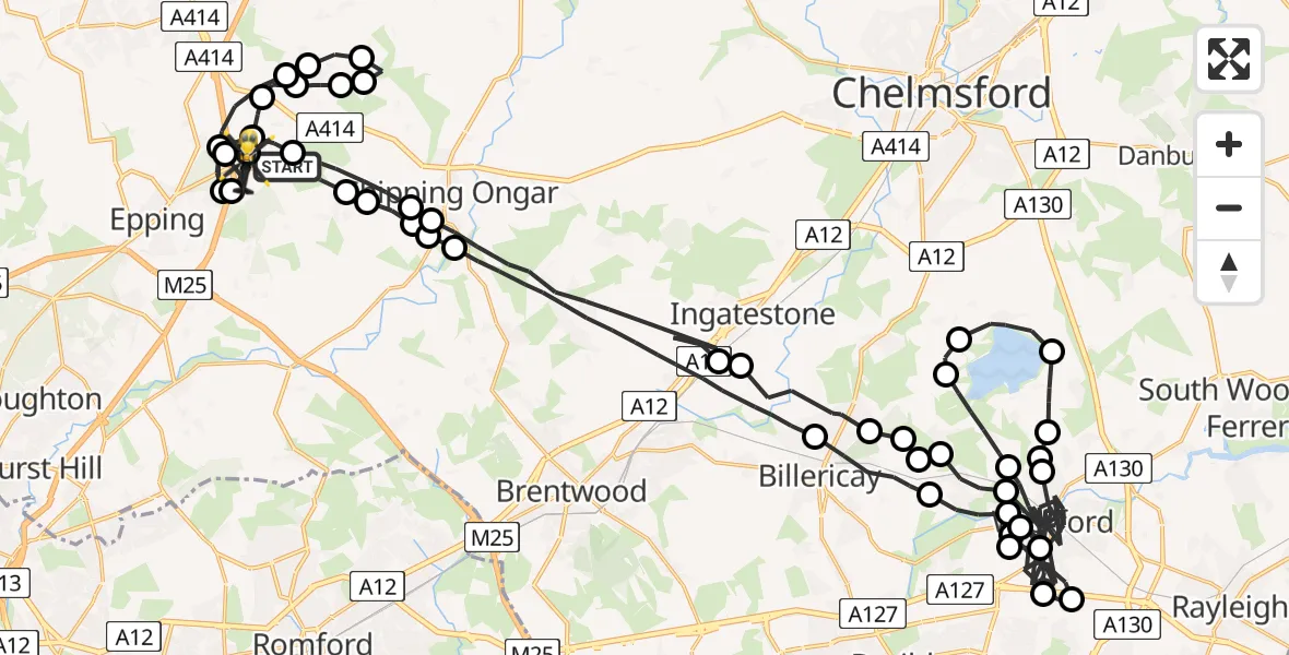 Flight path map showing Police Helicopter route from North Weald Bassett to North Weald Airfield