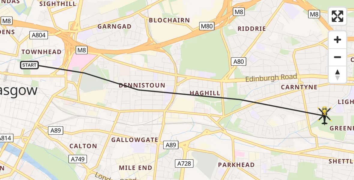 Flight path map showing Police Helicopter route from Glasgow to Glasgow