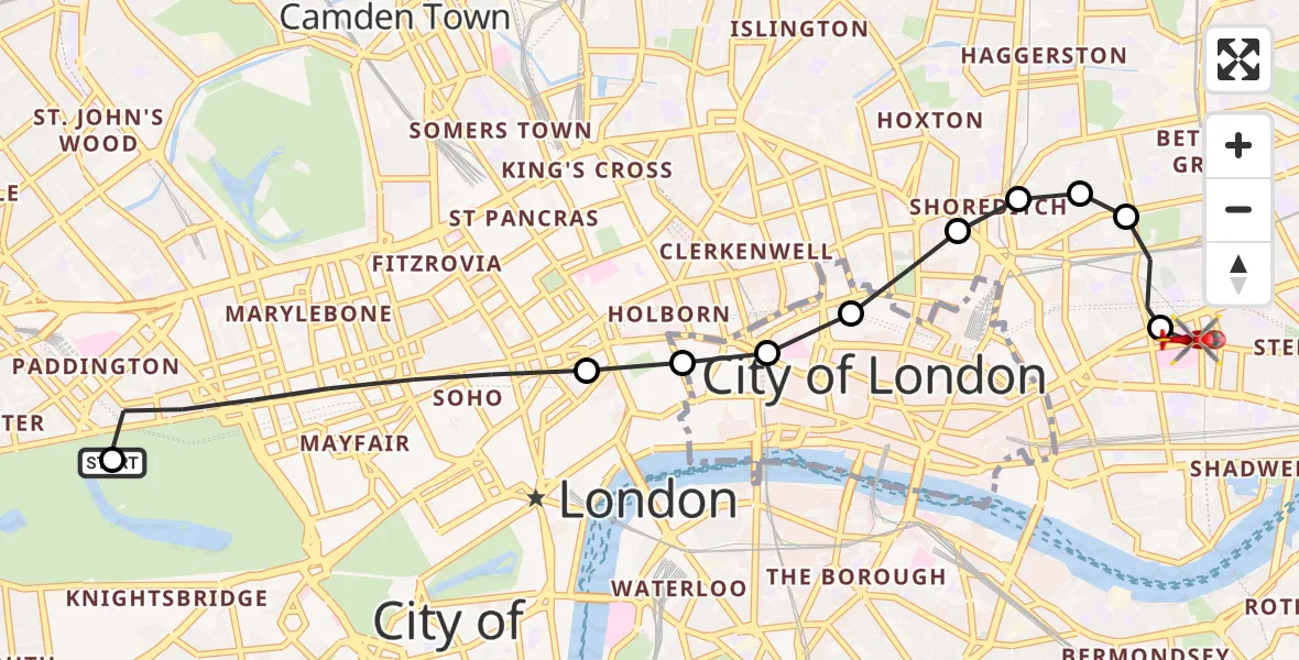 Flight path map showing Air Ambulance Helicopter route from City of Westminster to Royal London Hospital