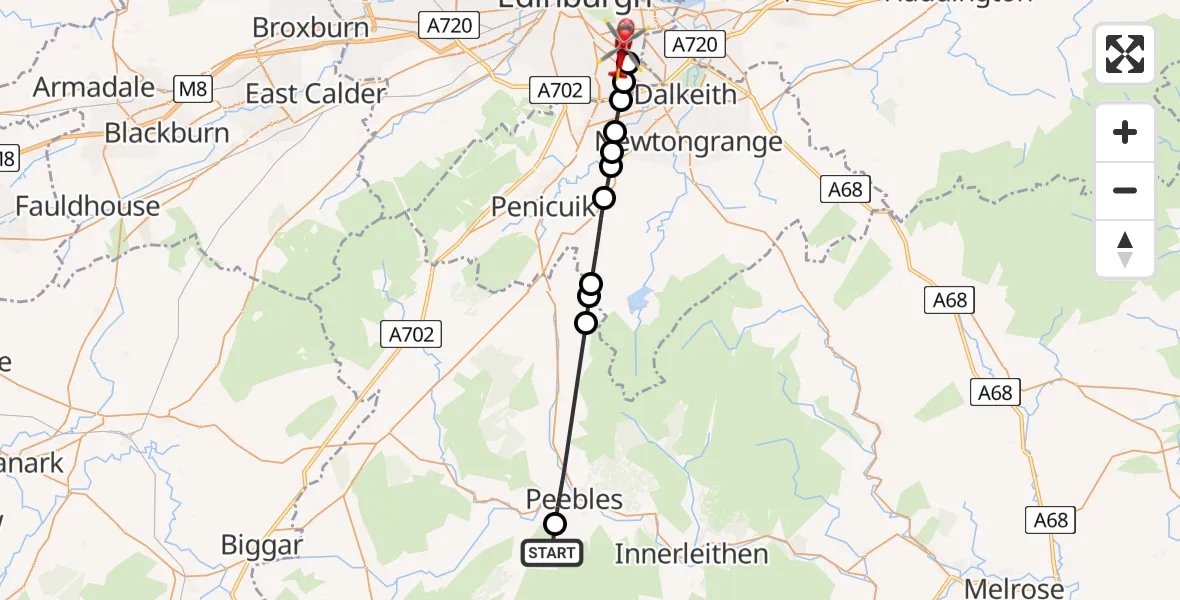 Flight path map showing Air Ambulance Helicopter route from Scottish Borders to Moredun