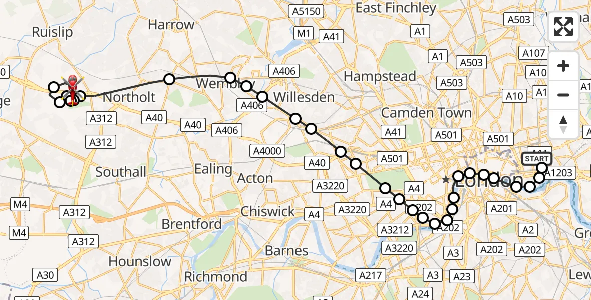 Flight path map showing Air Ambulance Helicopter route from Royal London Hospital to RAF Northolt