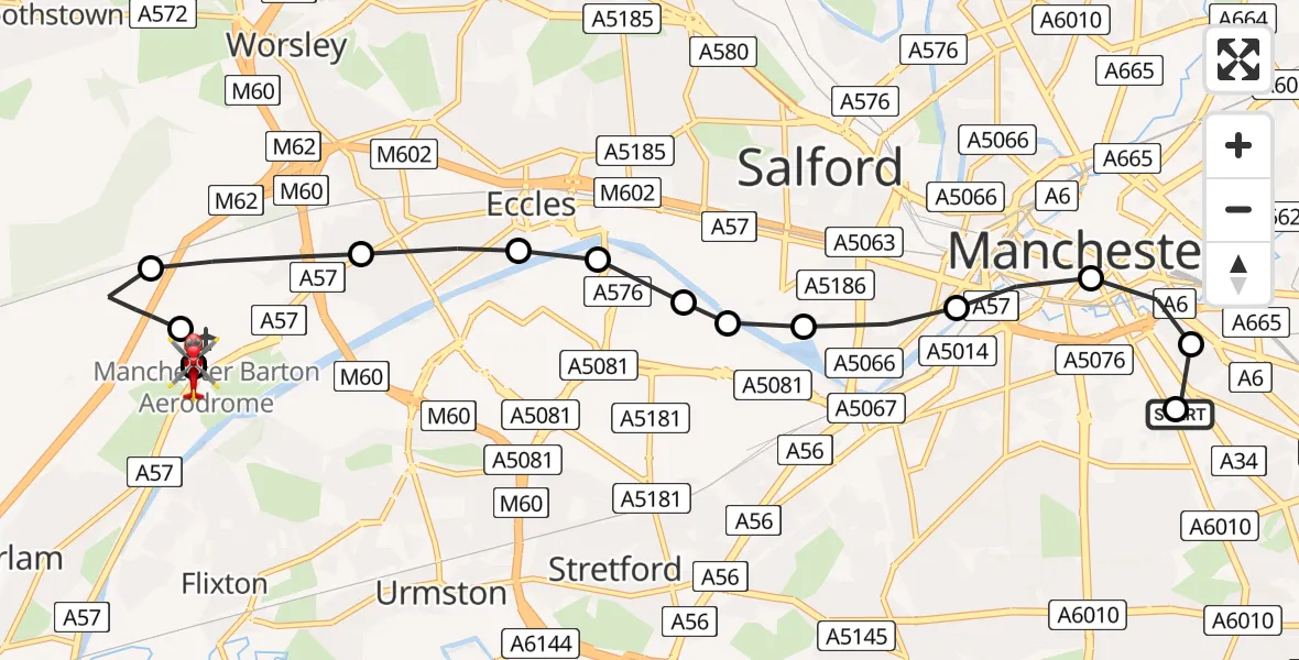 Flight route Air Ambulance Helicopter Chorlton-on-Medlock - Irlam, 22 April 2026, 19:23
