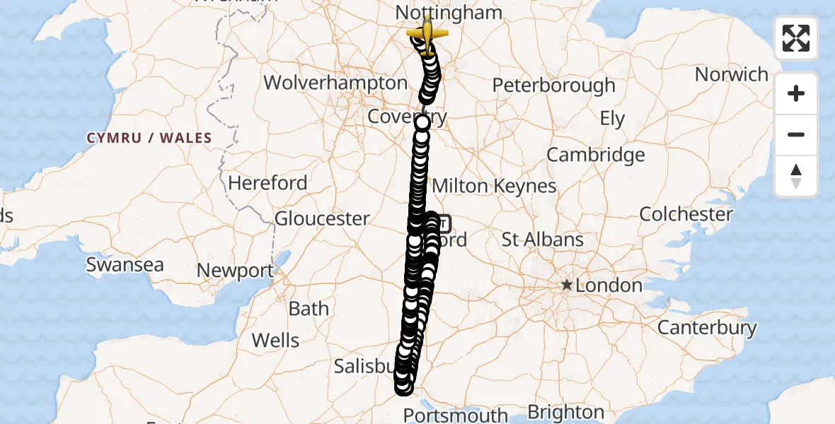 Flight path map showing Police Aircraft route from London Oxford Airport to East Midlands Airport