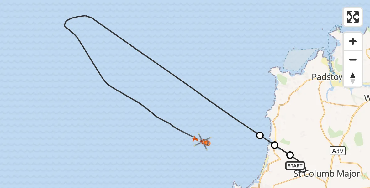 Flight path map showing Coastguard Helicopter route from Cornwall Airport Newquay to Bristol Channel