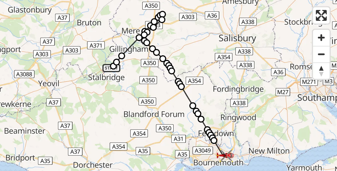 Flight path map showing Air Ambulance Helicopter route from Henstridge Airfield to Bournemouth