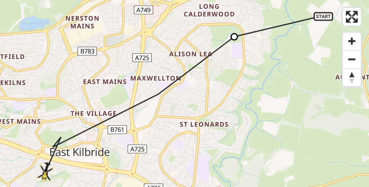 Flight path map showing Police Helicopter route from Blantyre to East Kilbride