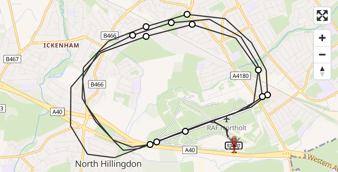 Flight path map showing Air Ambulance Helicopter route from RAF Northolt to RAF Northolt