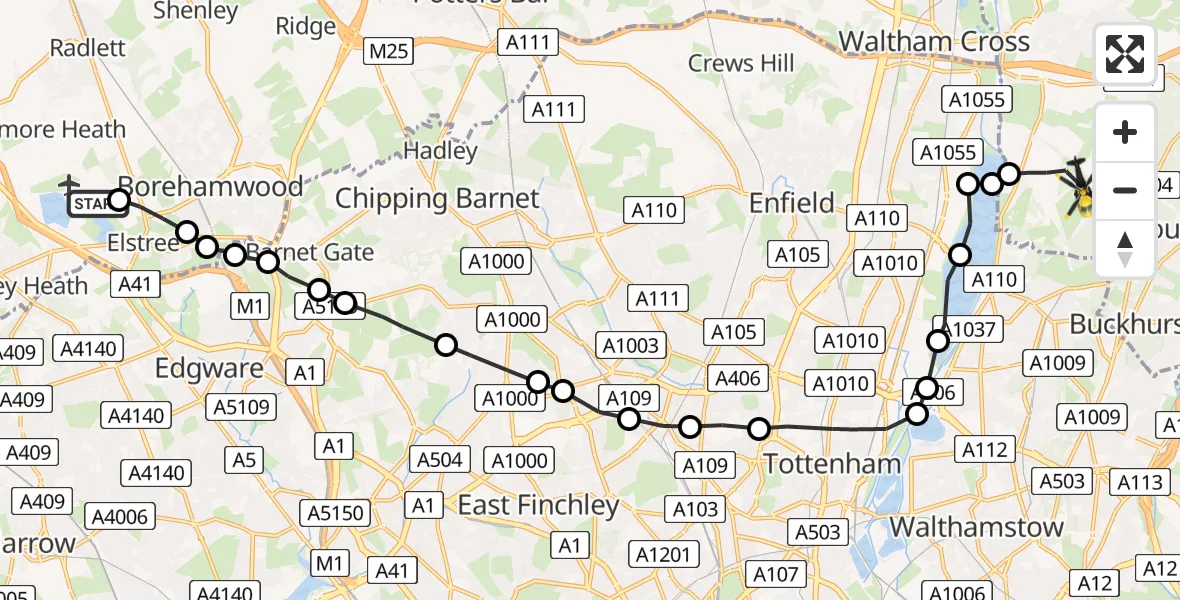 Flight path map showing Police Helicopter route from Elstree Airfield to Metropolitan Police Air Support Unit Lippitts Hill