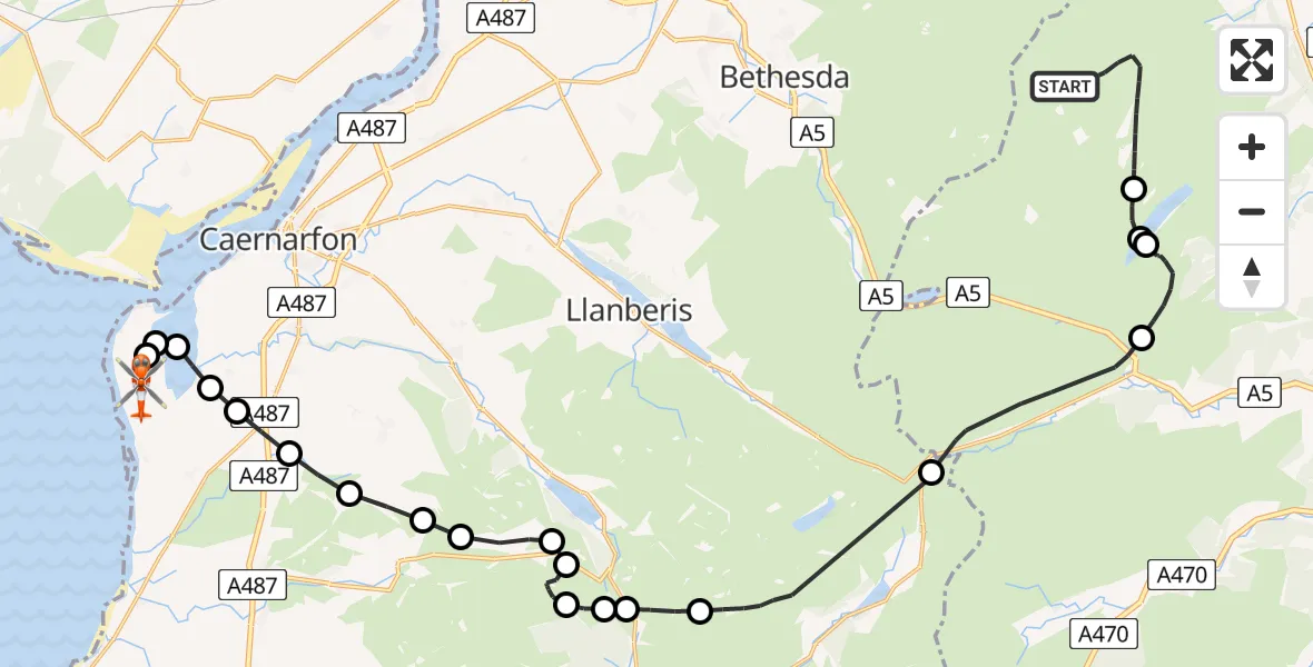 Flight path map showing Coastguard Helicopter route from Caerhun to Caernarfon Airport