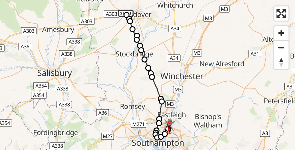 Flight path map showing Air Ambulance Helicopter route from Penton Mewsey to Mansbridge