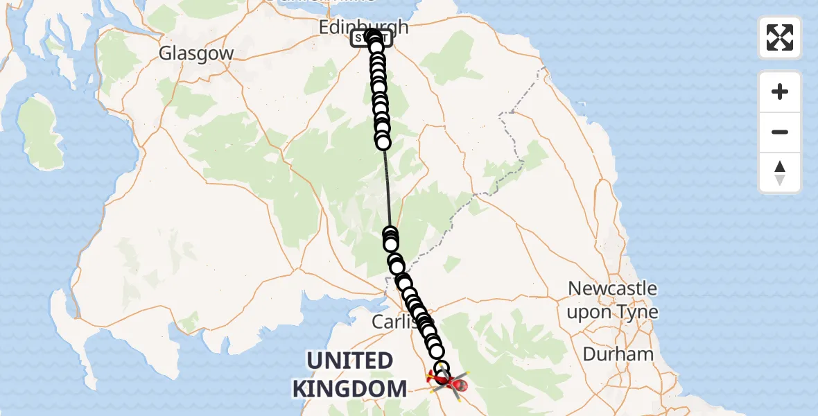 Flight path map showing Air Ambulance Helicopter route from RIE Rooftop to Edenhall