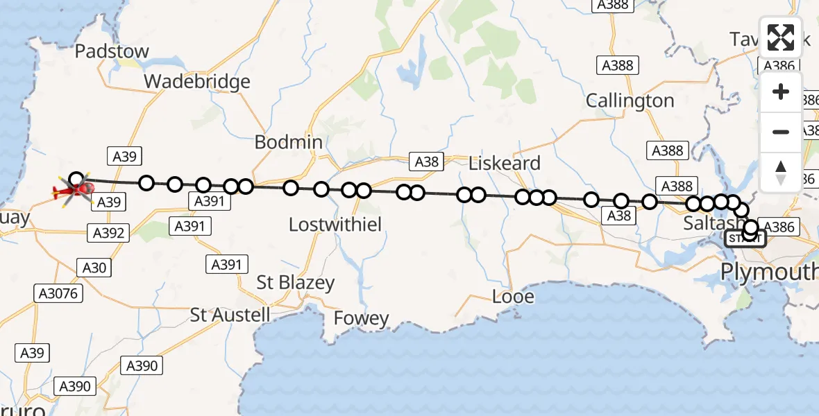 Flight path map showing Air Ambulance Helicopter route from Weston Mill to Cornwall Airport Newquay