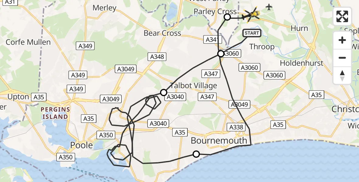 Flight path map showing Police Helicopter route from Hurn to Bournemouth Airport