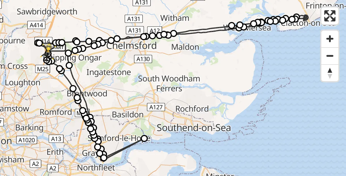 Flight path map showing Police Helicopter route from North Weald Bassett to North Weald Airfield