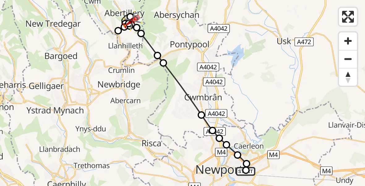 Flight path map showing Air Ambulance Helicopter route from Ladyhill to Aberbeeg