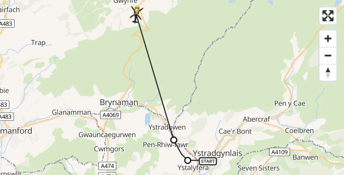 Flight path map showing Police Helicopter route from Ystradgynlais to Gwynfe