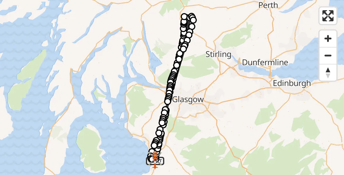 Flight path map showing Coastguard Helicopter route from Glasgow Prestwick Airport to Glasgow Prestwick Airport