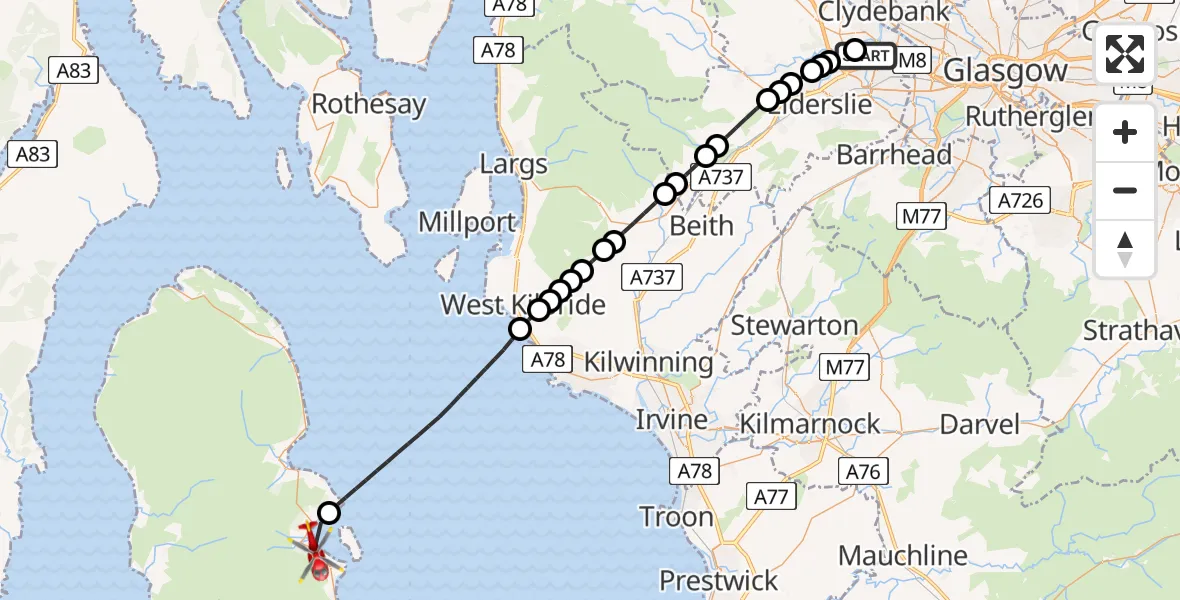 Flight path map showing Air Ambulance Helicopter route from Glasgow Airport to Lamlash