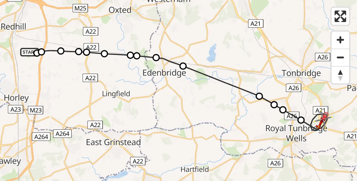 Flight path map showing Air Ambulance Helicopter route from Redhill Aerodrome to Royal Tunbridge Wells