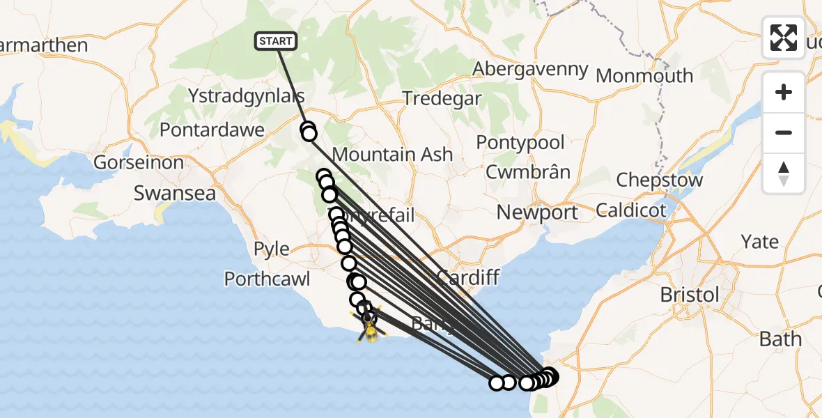 Flight path map showing Police Helicopter route from Llywel to MOD St Athan