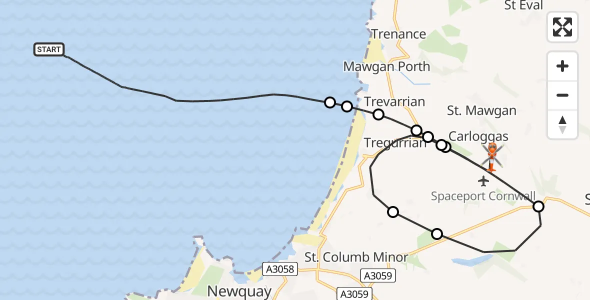 Flight path map showing Coastguard Helicopter route from Bristol Channel to Cornwall Airport Newquay