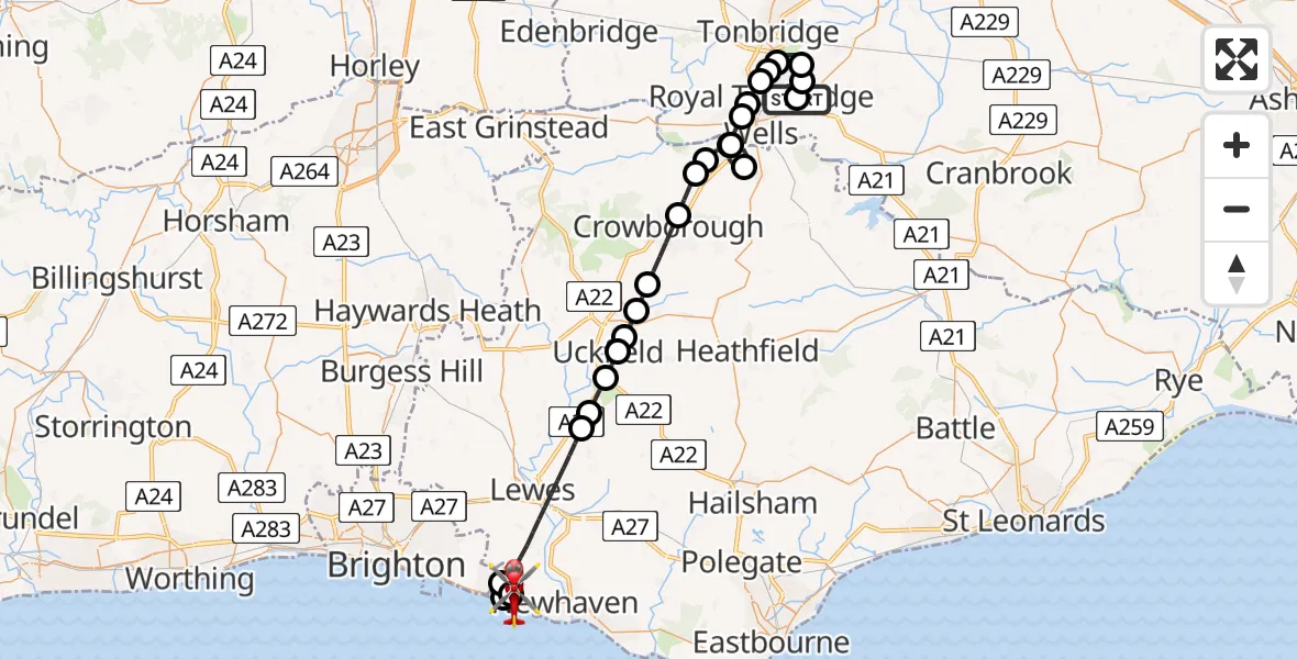 Flight path map showing Air Ambulance Helicopter route from Tunbridge Wells Hospital Heliport to Peacehaven