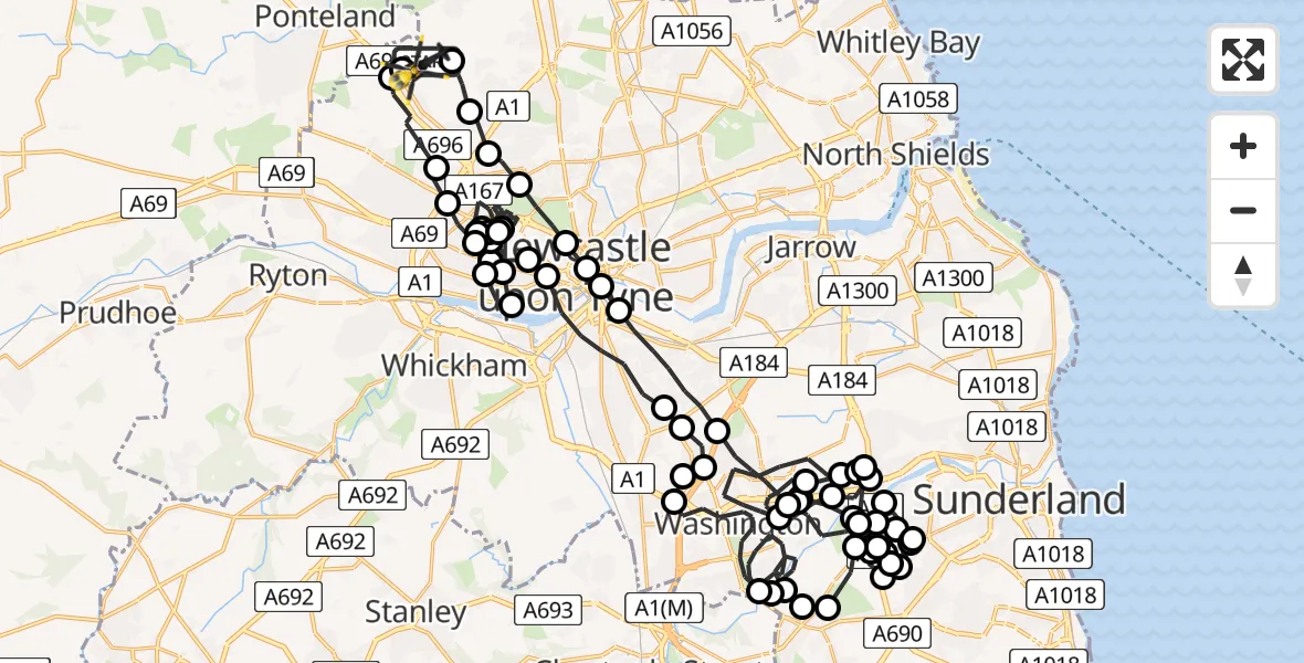 Flight path map showing Police Helicopter route from Newcastle International Airport to Newcastle International Airport