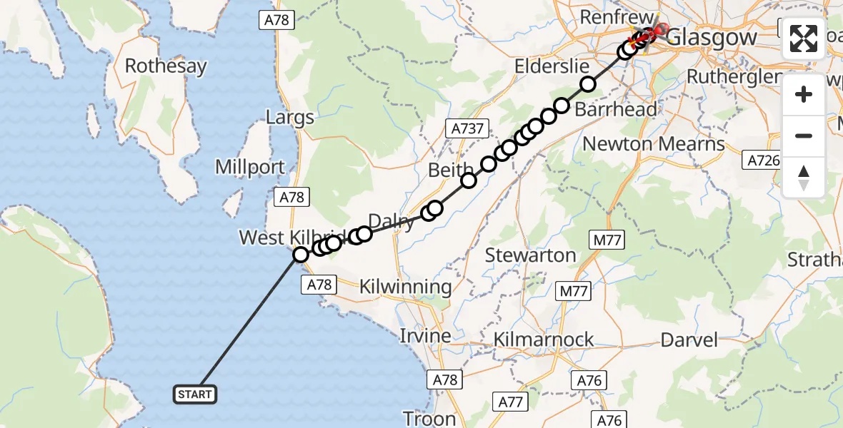 Flight path map showing Air Ambulance Helicopter route from Inner Seas to Queen Elizabeth Hospital