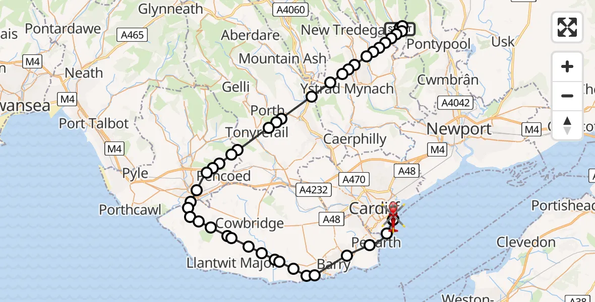 Flight path map showing Air Ambulance Helicopter route from Six Bells to Cardiff Heliport