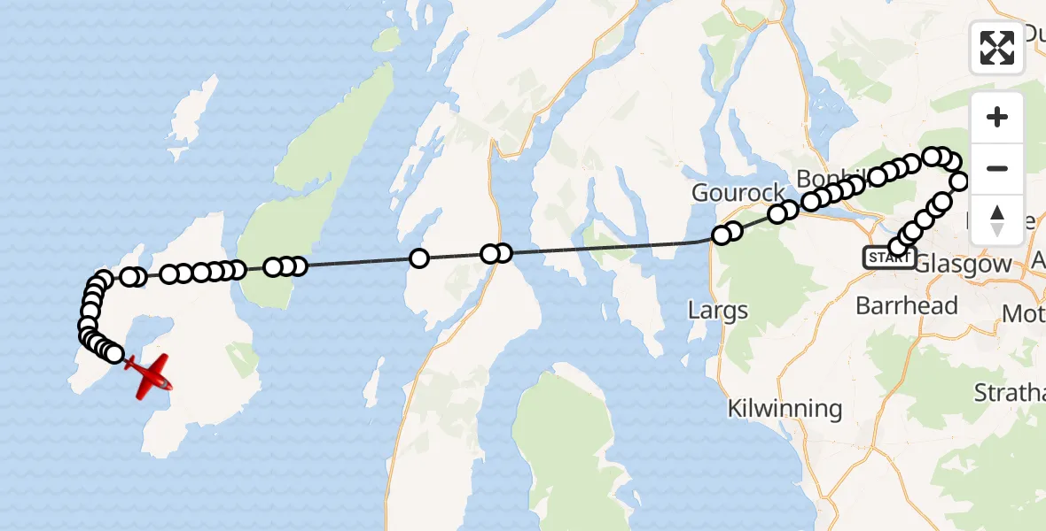 Flight path map showing Air Ambulance Aircraft route from Glasgow Airport to Inner Seas