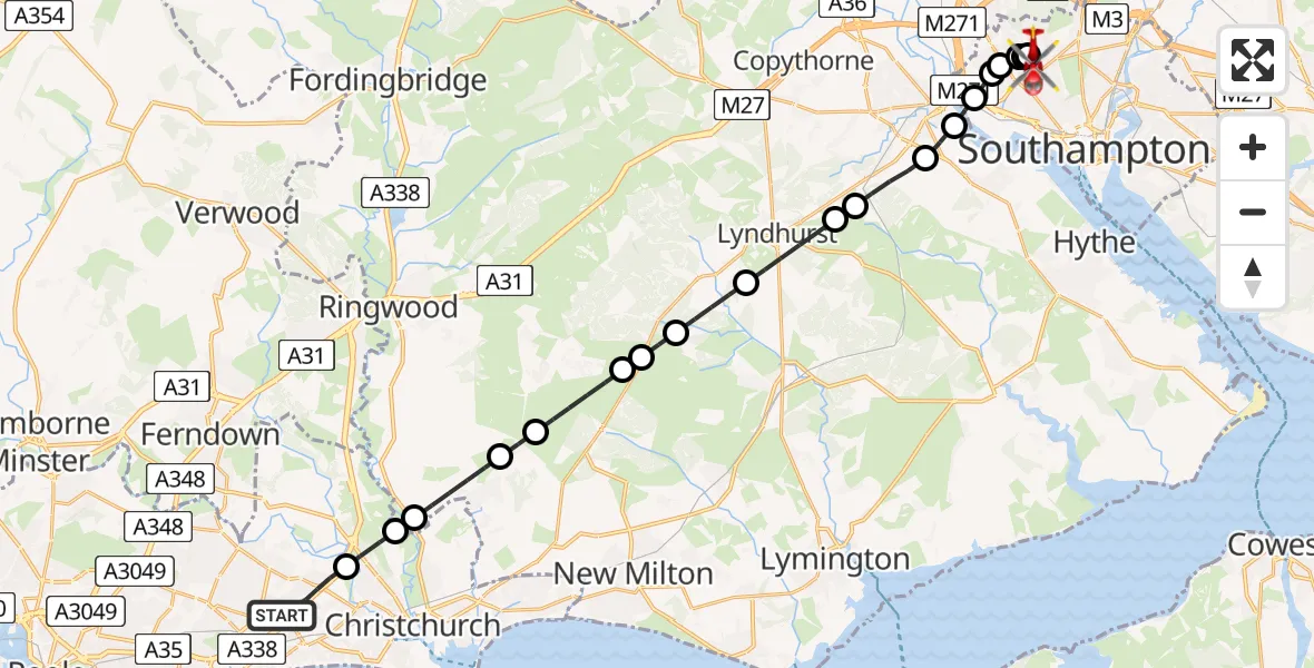 Flight path map showing Air Ambulance Helicopter route from Bournemouth to University Hospital Southampton