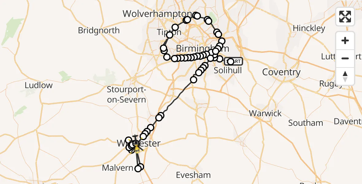 Flight path map showing Police Helicopter route from Birmingham Airport to Worcester