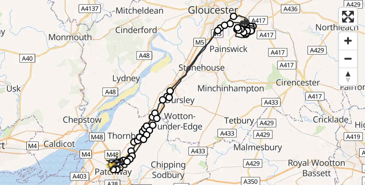 Flight path map showing Police Helicopter route from Almondsbury Helicopter Base to Almondsbury Helicopter Base