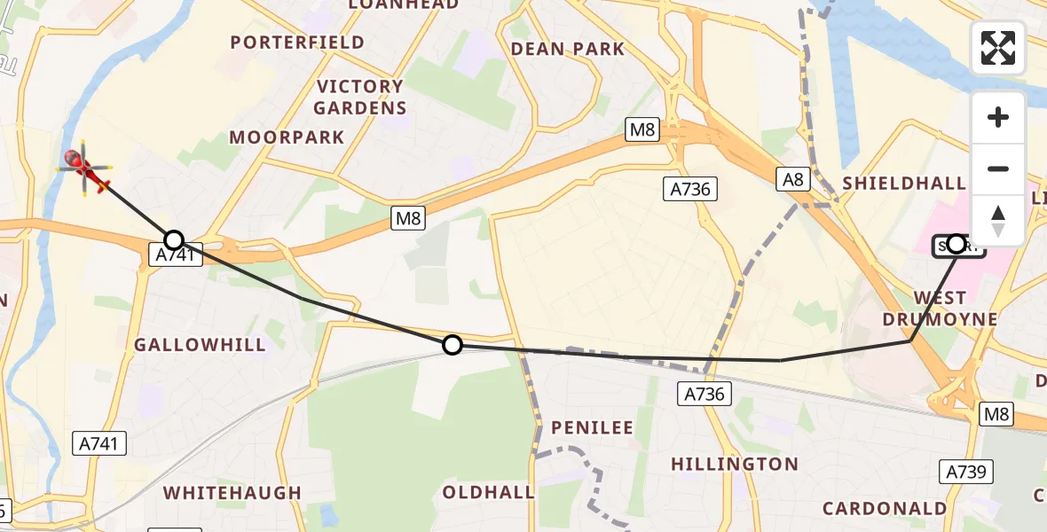 Flight path map showing Air Ambulance Helicopter route from Queen Elizabeth Hospital to Paisley