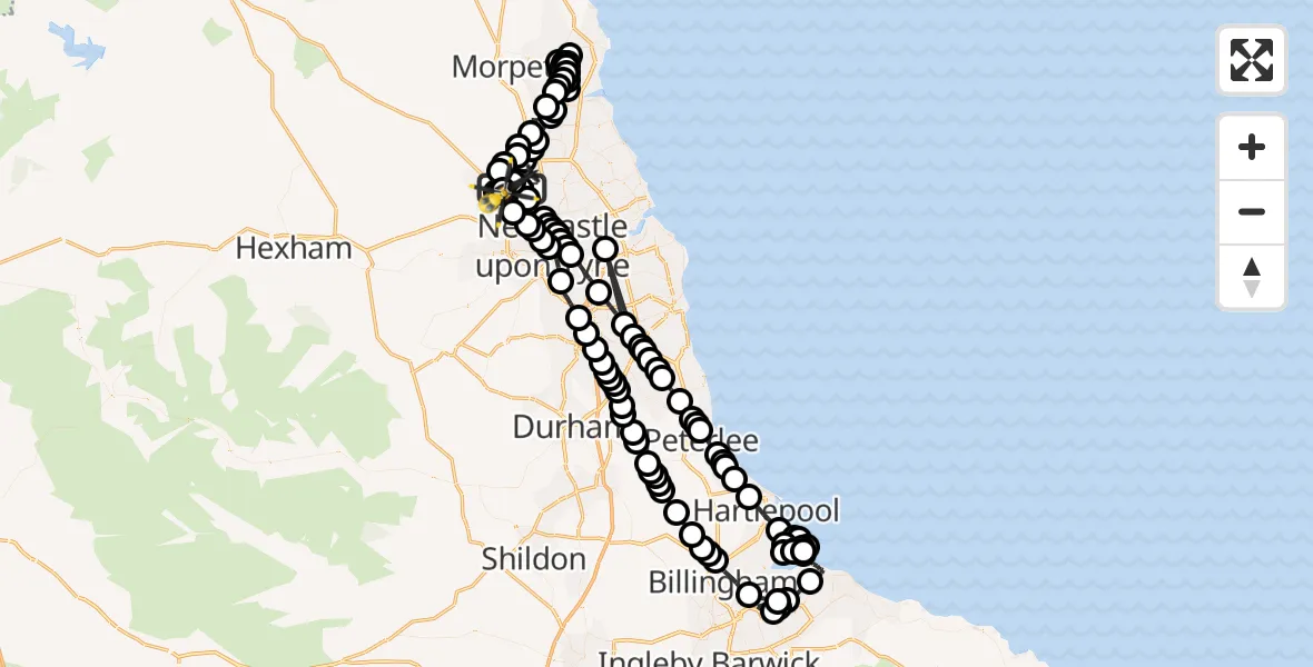 Flight path map showing Police Helicopter route from Newcastle International Airport to Newcastle International Airport