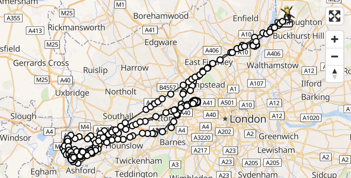 Flight route Police Helicopter Sewardstonebury - Sewardstonebury, 22 April 2026, 21:34