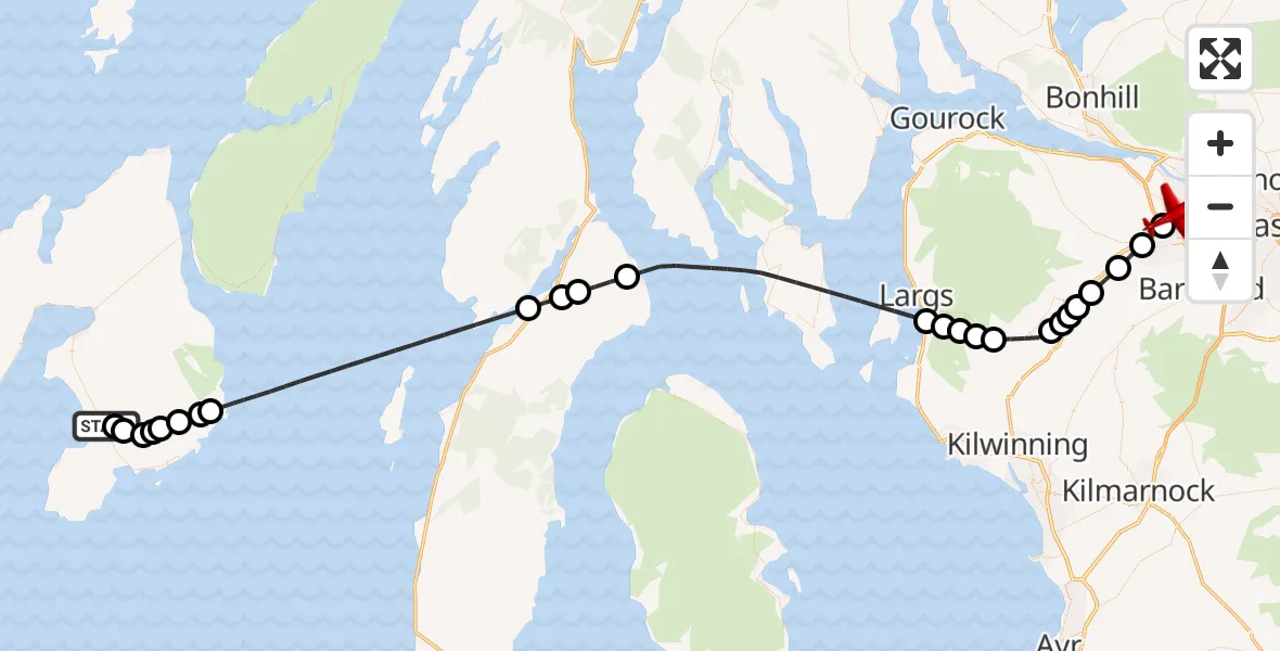Flight path map showing Air Ambulance Aircraft route from Maol na h-Airighe to Glasgow Airport