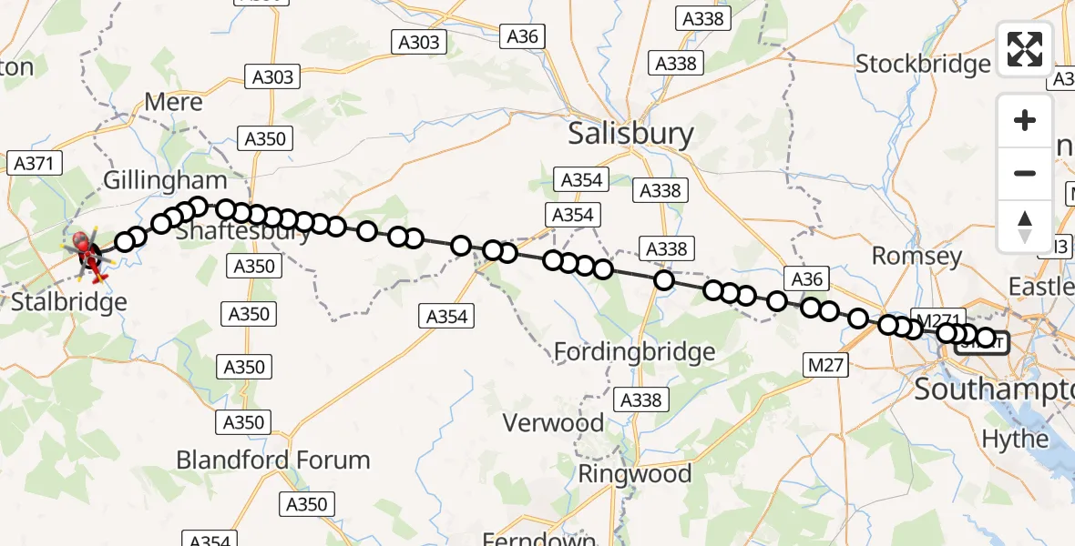 Flight path map showing Air Ambulance Helicopter route from University Hospital Southampton to Henstridge Airfield