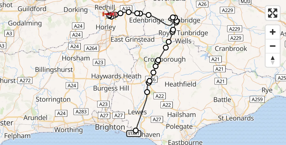 Flight path map showing Air Ambulance Helicopter route from Peacehaven to Redhill Aerodrome