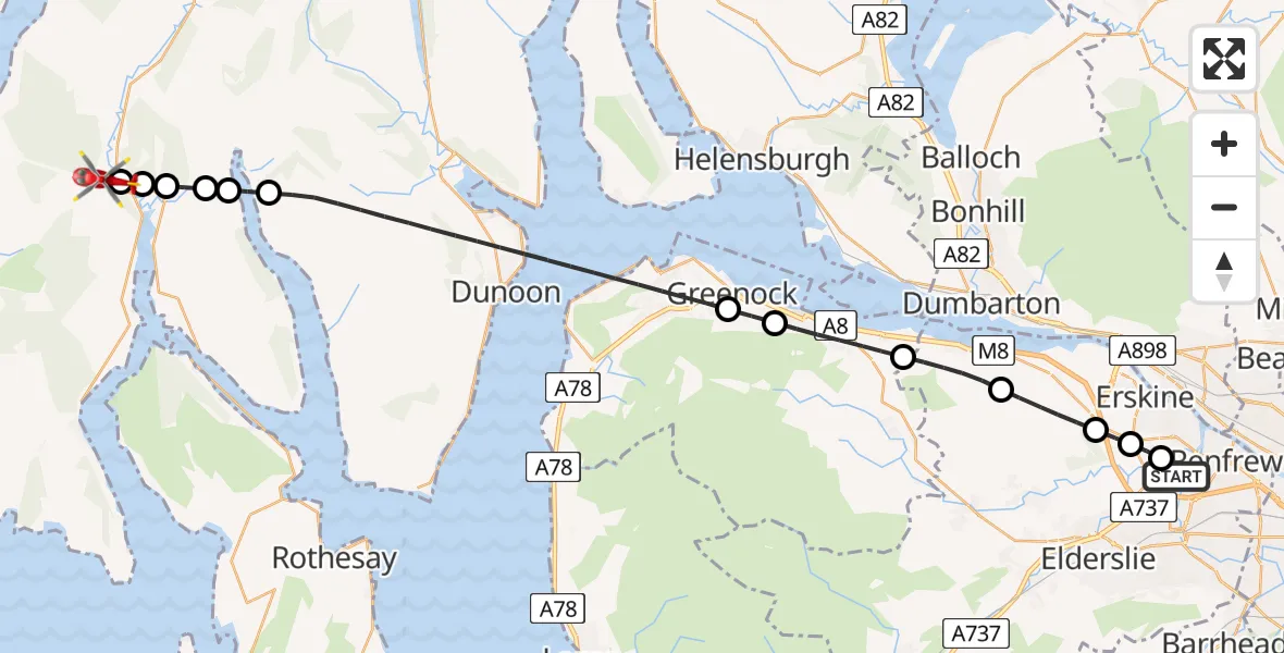 Flight path map showing Air Ambulance Helicopter route from Glasgow Airport to Clachan of Glendaruel