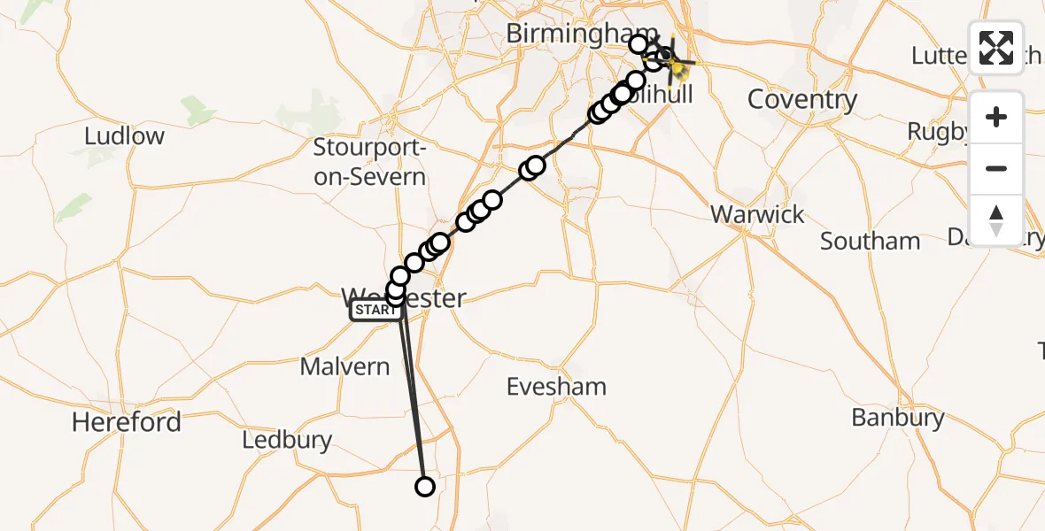 Flight path map showing Police Helicopter route from Rushwick to Birmingham Airport