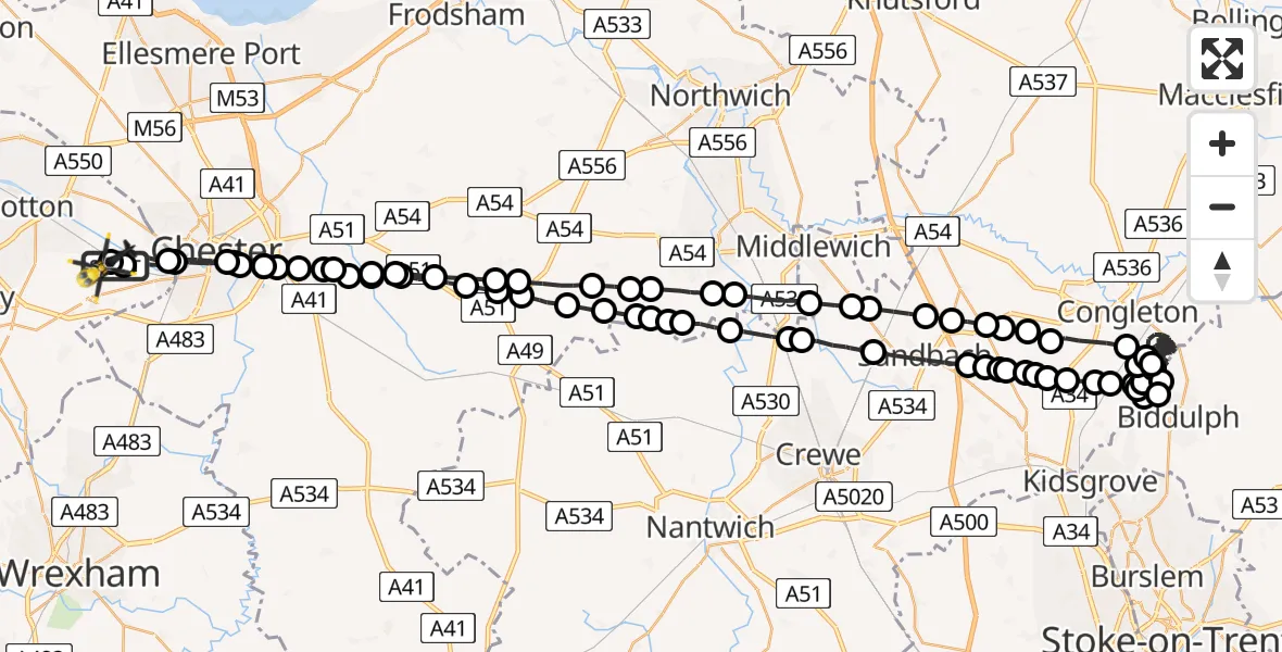 Flight path map showing Police Helicopter route from Hawarden Airport to Hawarden Airport